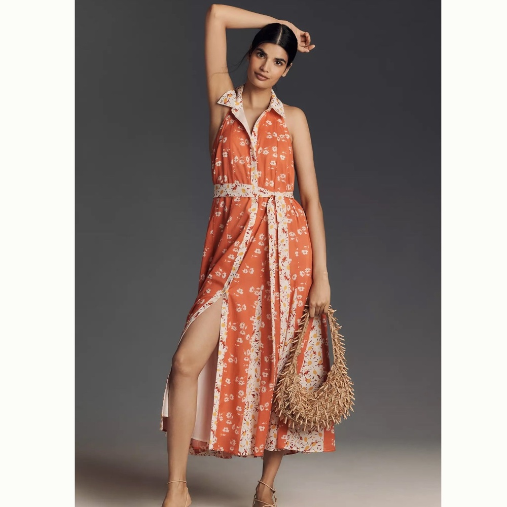 Maeve Halter Open-Back Godet Midi Shirt Dress Size M